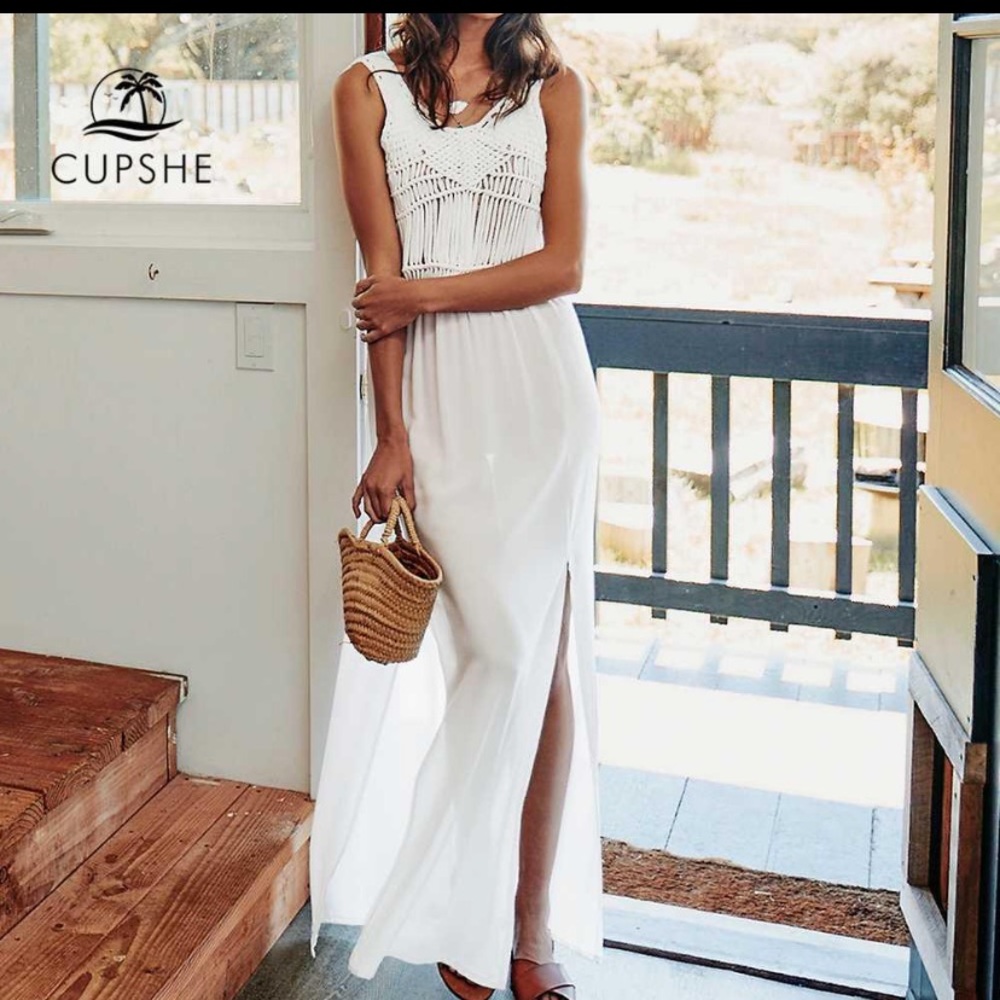 CUPSHE Solid White Long Crochet Slit Cover Up